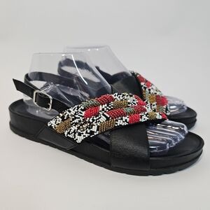 Gioseppo Beaded Haverhill Black open toe Strap Flat Leather Sandal Size 8 or 39